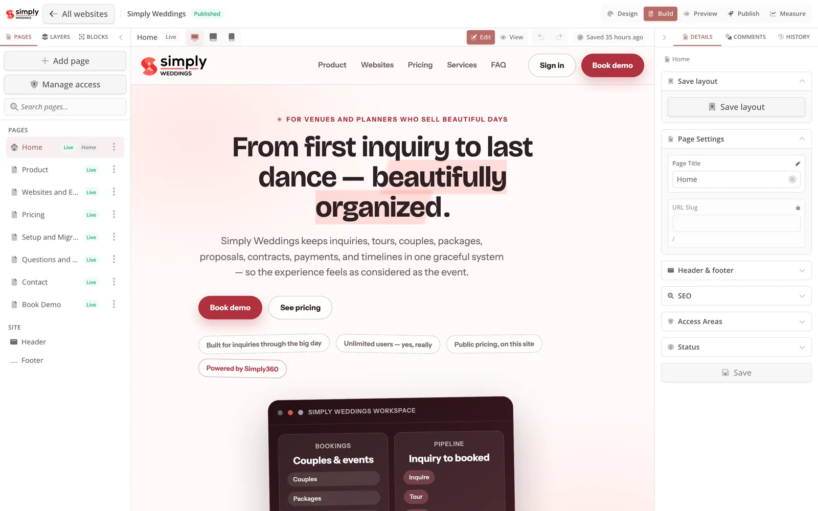 The Simply Weddings website in Website Studio.